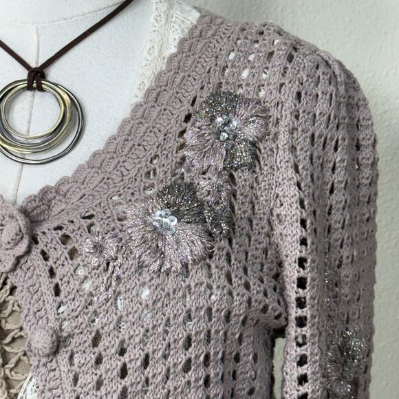 90s Y2k Embroidered Floral Cardigan Sweater Mori Kei Forest Fairy Coquette M - Picture 3 of 10